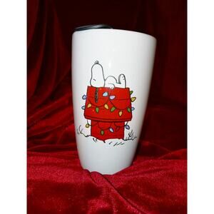 Peanuts Snoopy Travel Mug W/Lid Doghouse Christmas Lights Porcelain